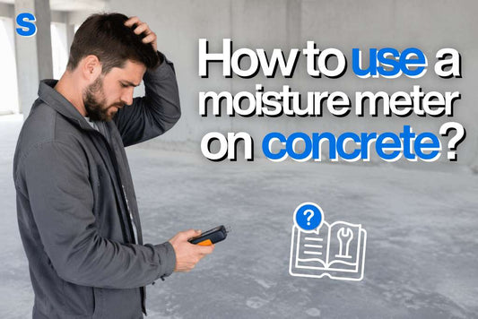 Man looking confused while holding a concrete moisture meter and standing on a concrete slab