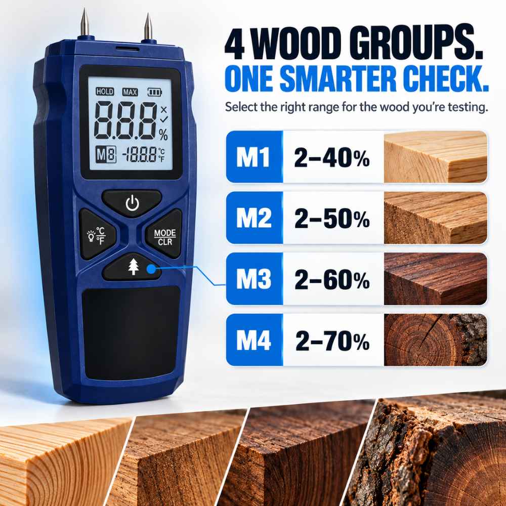 4 woods tested with the Firewood Moisture Meter Seasoning Checker