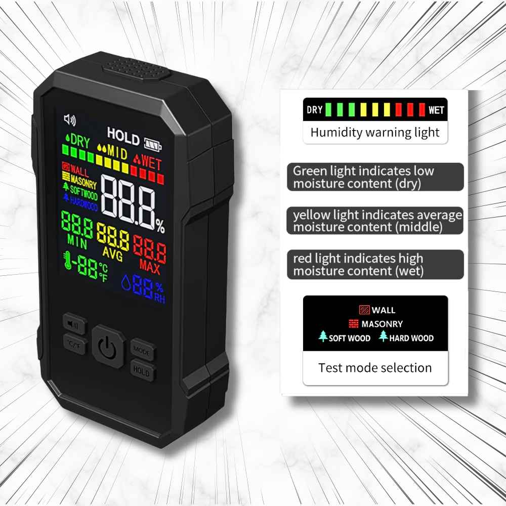 Humidity warning on the compact Hardwood moisture meter