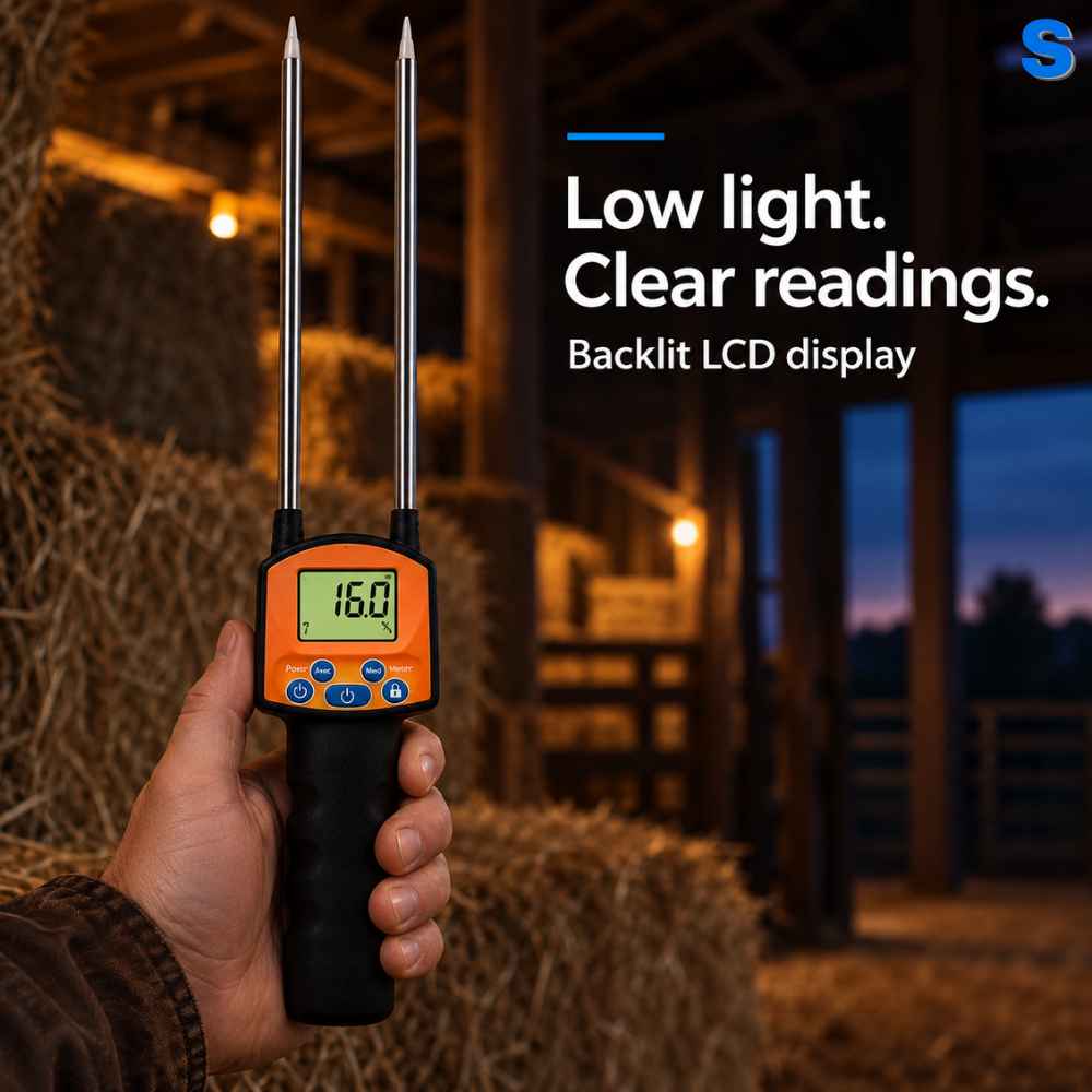 Clear information even a low light on the Hay moisture meter