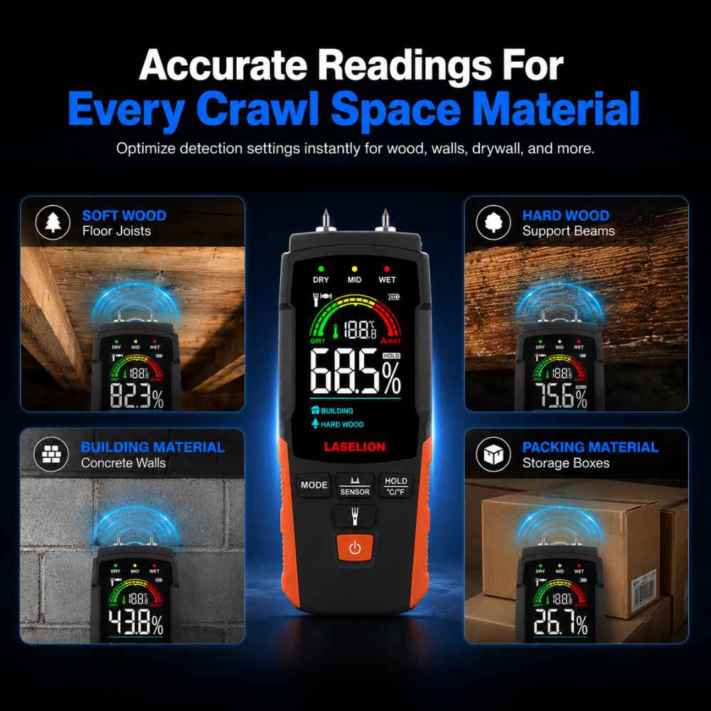 Moisture meter for crawl space for every space material