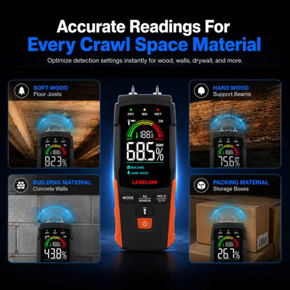 Moisture meter for crawl space for every space material