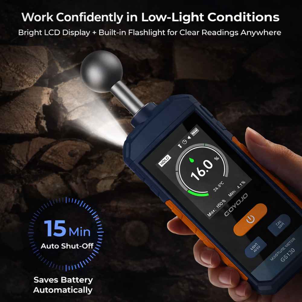 15 min auto shut off for this Pinless Moisture Meter for Drywall​